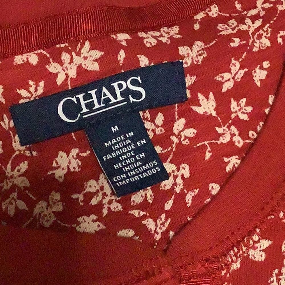 CHAPS Ditzy Print Red Long Sleeve Henley Top - Picture 5 of 9